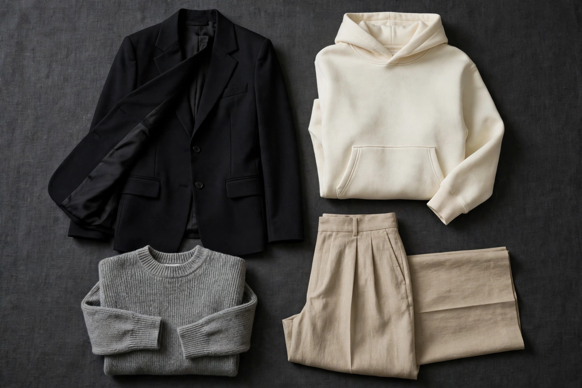 Flat-lay of blazer, hoodie, trousers and knitwear