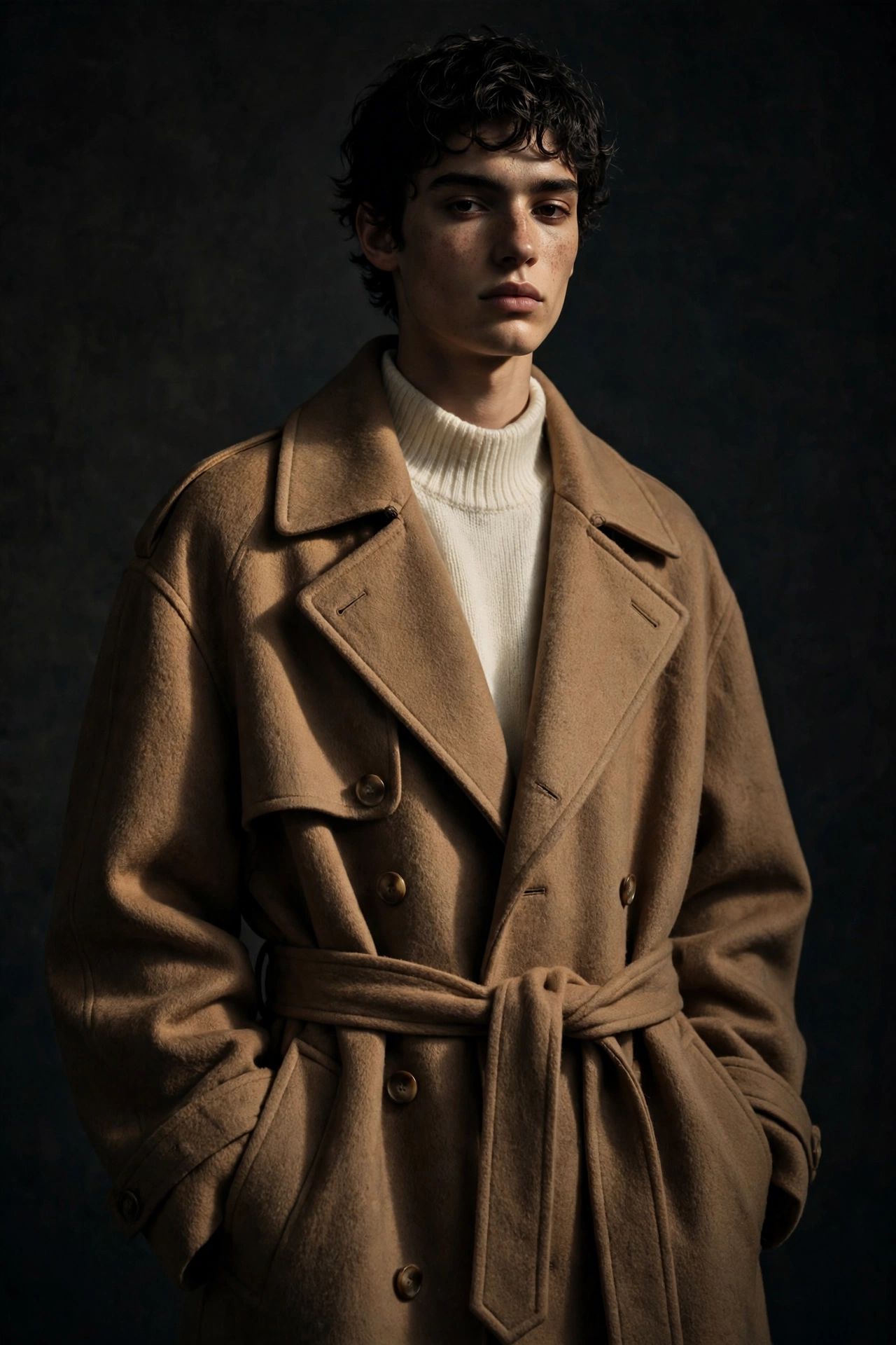 Model wearing a camel trench coat in an editorial portrait