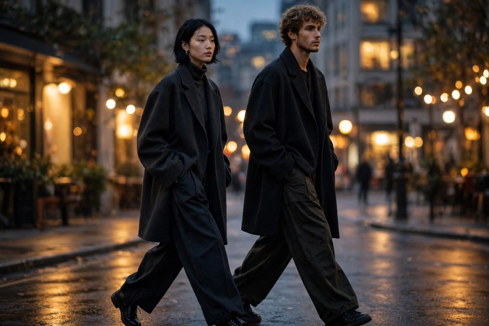 Models in premium streetwear at dusk